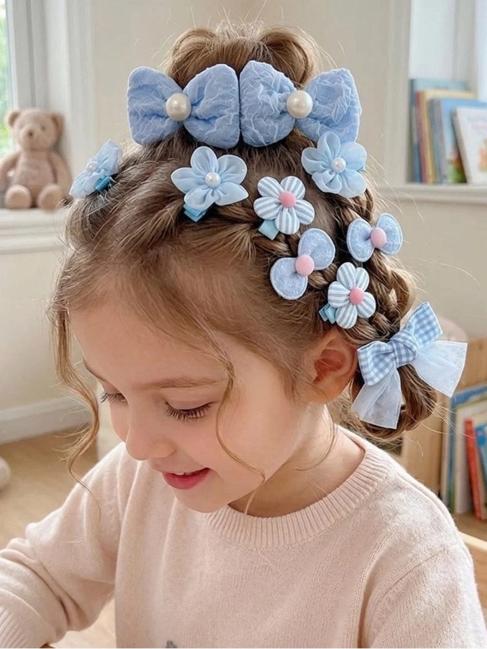 10-Pc Pastel Blue Floral & Bow Hair Clip Set for Girls…New In Packaging